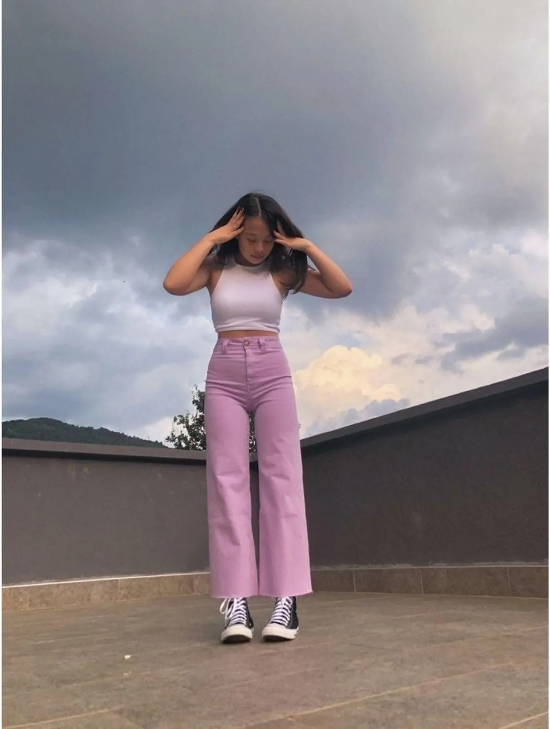 Women's High Rise Stretchable Wide Leg with Buttoned Closure Korean Style Lavender Jeans