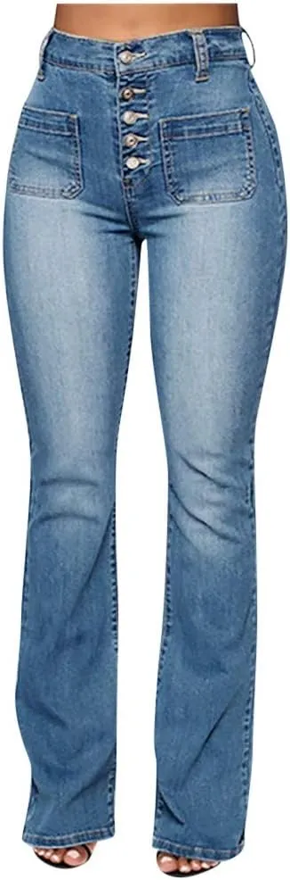 Womens High Waisted Flare Denim Pant Trendy Relax Fit Washed Jeans Gradient Pleated Bell Bottom Casaul Denim Trousers