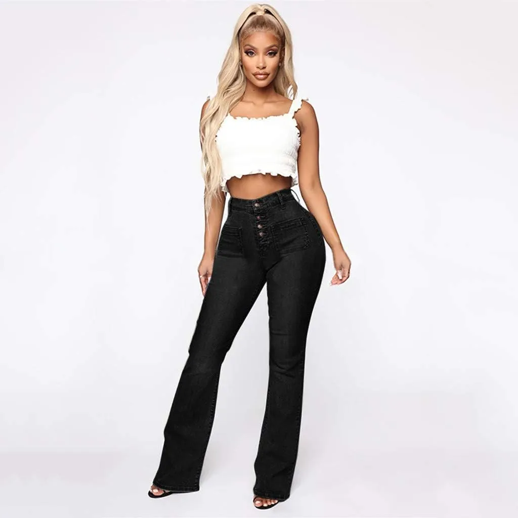 Womens High Waisted Flare Denim Pant Trendy Relax Fit Washed Jeans Gradient Pleated Bell Bottom Casaul Denim Trousers