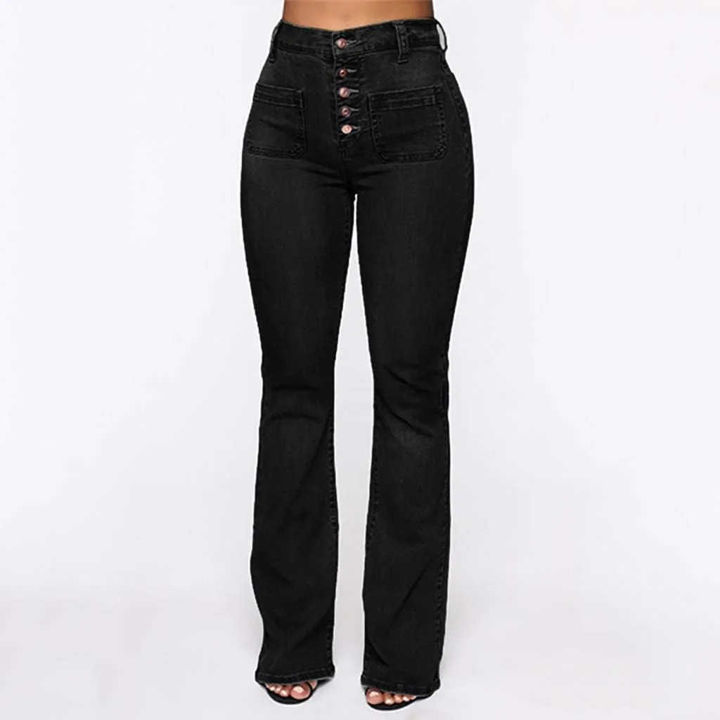 Womens High Waisted Flare Denim Pant Trendy Relax Fit Washed Jeans Gradient Pleated Bell Bottom Casaul Denim Trousers