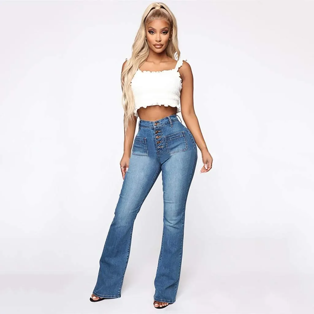 Womens High Waisted Flare Denim Pant Trendy Relax Fit Washed Jeans Gradient Pleated Bell Bottom Casaul Denim Trousers