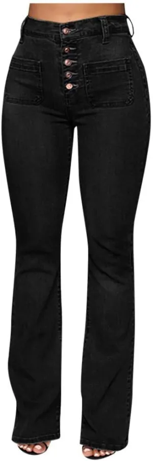Womens High Waisted Flare Denim Pant Trendy Relax Fit Washed Jeans Gradient Pleated Bell Bottom Casaul Denim Trousers