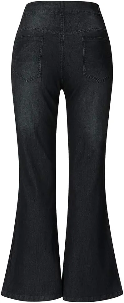 Womens High Waisted Flare Denim Pant Trendy Relax Fit Washed Jeans Gradient Pleated Bell Bottom Casaul Denim Trousers