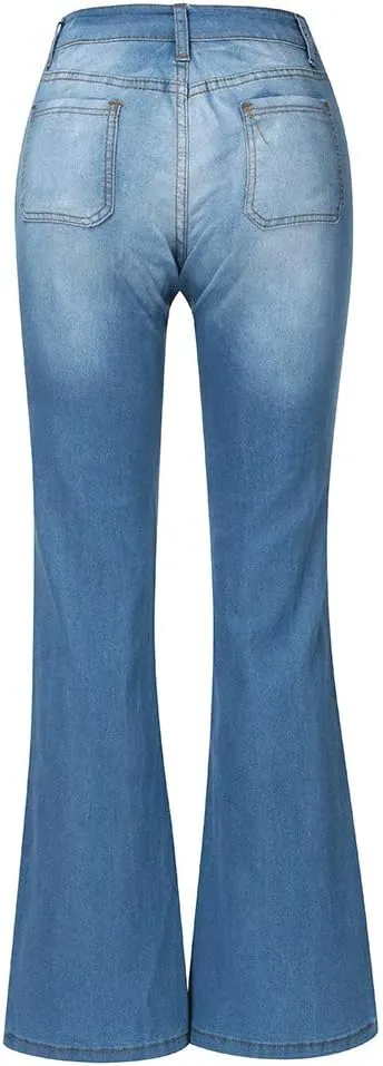 Womens High Waisted Flare Denim Pant Trendy Relax Fit Washed Jeans Gradient Pleated Bell Bottom Casaul Denim Trousers