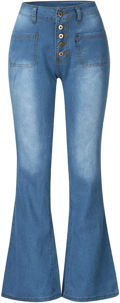 Womens High Waisted Flare Denim Pant Trendy Relax Fit Washed Jeans Gradient Pleated Bell Bottom Casaul Denim Trousers