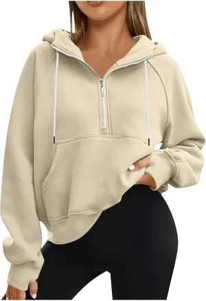 Womens Hoodies Fashion 2024 Half Zip Up Sweatshirts Drawstring Pullover Top Fashion Winter Clothes with Thumbs Hole