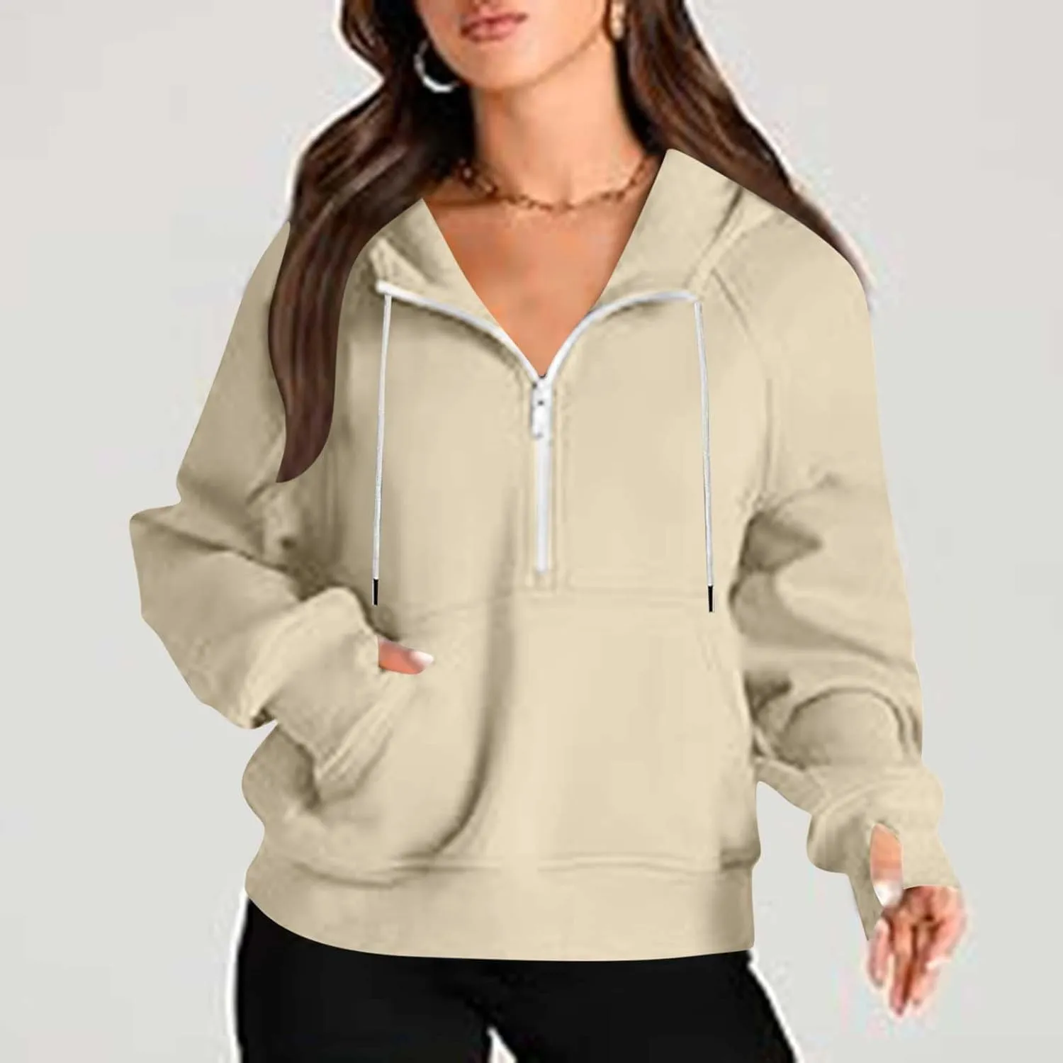 Womens Hoodies Fashion 2024 Half Zip Up Sweatshirts Drawstring Pullover Top Fashion Winter Clothes with Thumbs Hole