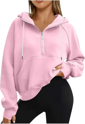 Womens Hoodies Fashion 2024 Half Zip Up Sweatshirts Drawstring Pullover Top Fashion Winter Clothes with Thumbs Hole