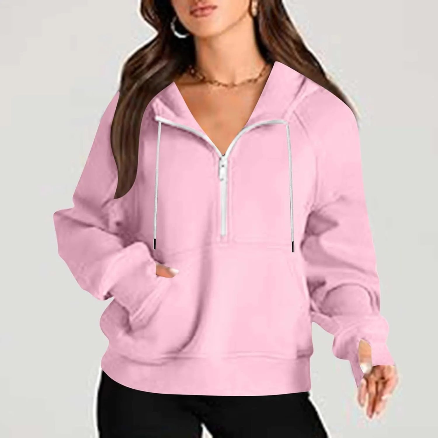 Womens Hoodies Fashion 2024 Half Zip Up Sweatshirts Drawstring Pullover Top Fashion Winter Clothes with Thumbs Hole