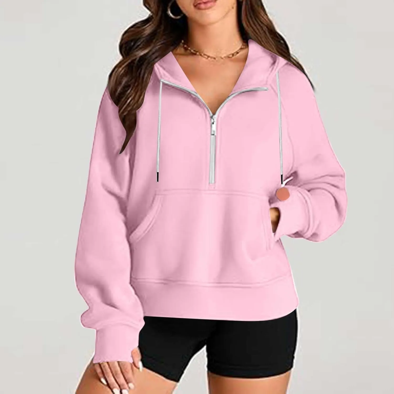 Womens Hoodies Fashion 2024 Half Zip Up Sweatshirts Drawstring Pullover Top Fashion Winter Clothes with Thumbs Hole