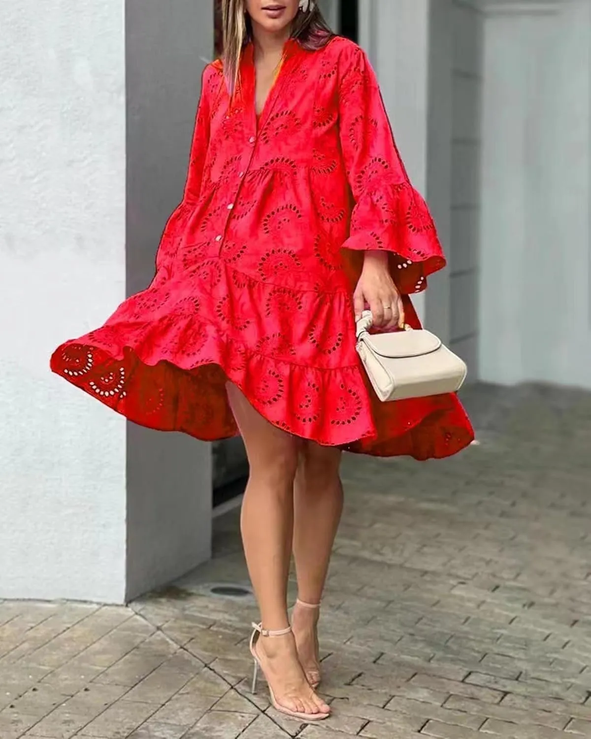 Women's Lace Short Dress Casual V Neck Long Sleeve Eyelet Buttons Beach Plus Size Mini Dress Sundress