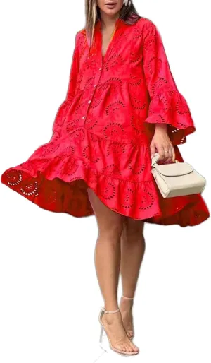 Women's Lace Short Dress Casual V Neck Long Sleeve Eyelet Buttons Beach Plus Size Mini Dress Sundress