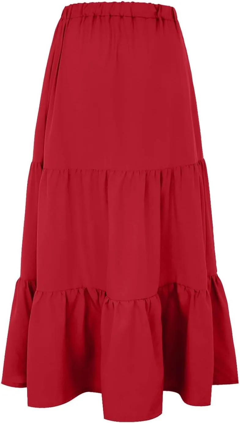Women's Layered Tiered Maxi Skirt Elegant High Waist Flowy Boho Ruffle Beach A Line Trendy 2025 Skirts with