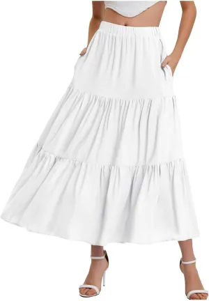 Women's Layered Tiered Maxi Skirt Elegant High Waist Flowy Boho Ruffle Beach A Line Trendy 2025 Skirts with