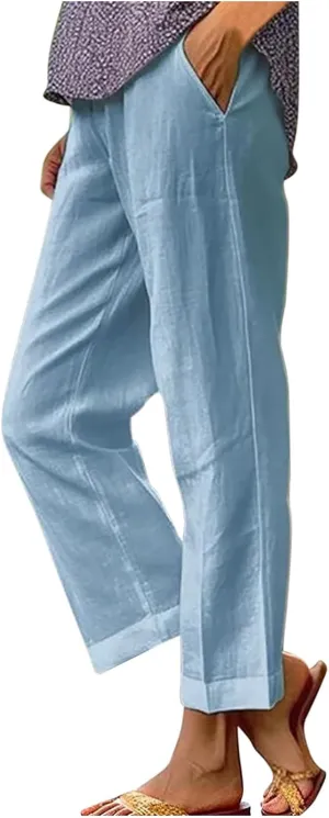 Women's Lightweight Summer Linen Pants Solid Elastic Waist Cotton Straight Pants Casual Lounge Beach Trousers