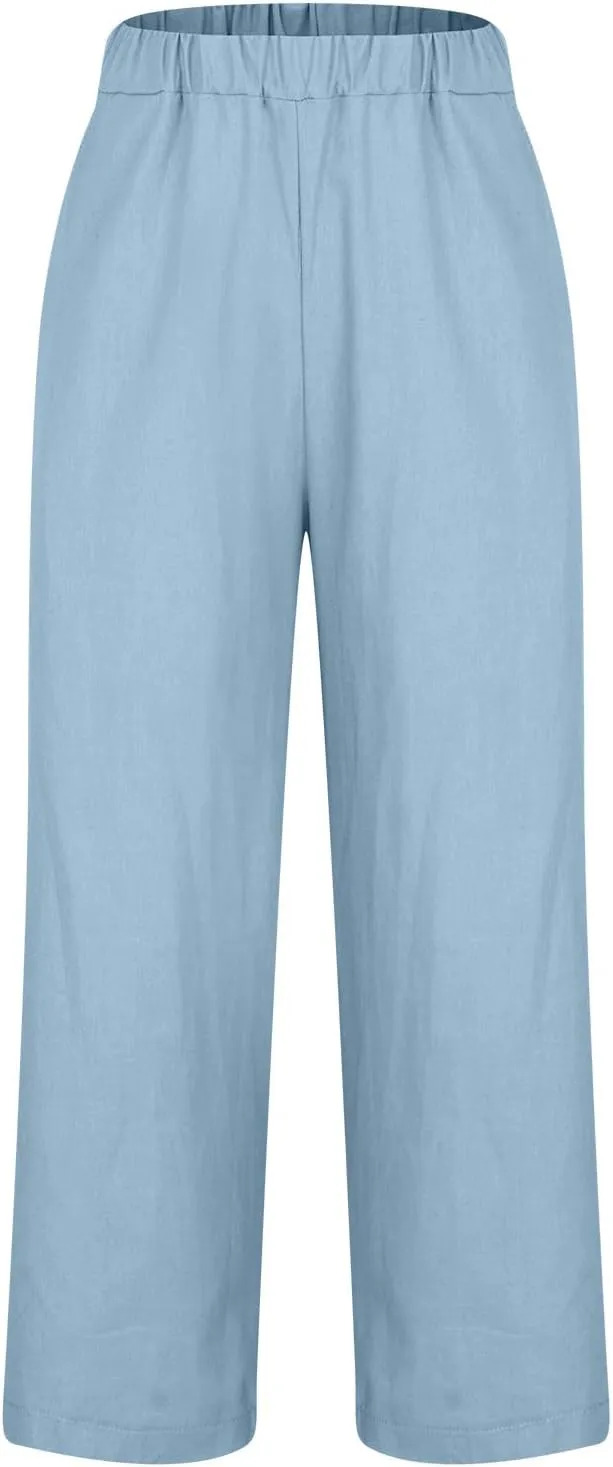 Women's Lightweight Summer Linen Pants Solid Elastic Waist Cotton Straight Pants Casual Lounge Beach Trousers