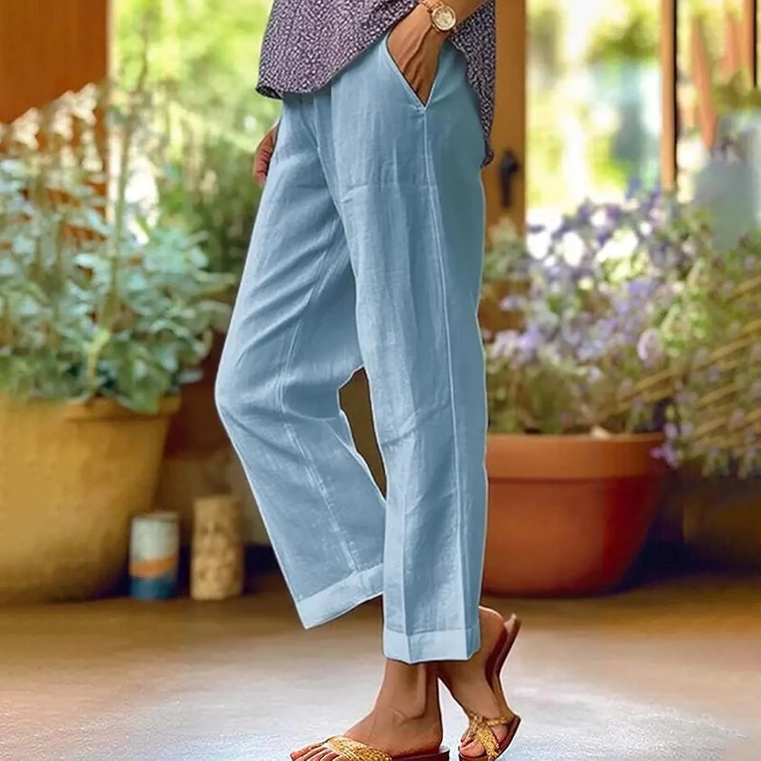 Women's Lightweight Summer Linen Pants Solid Elastic Waist Cotton Straight Pants Casual Lounge Beach Trousers