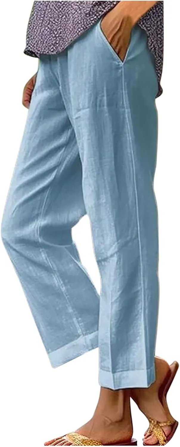 Women's Lightweight Summer Linen Pants Solid Elastic Waist Cotton Straight Pants Casual Lounge Beach Trousers
