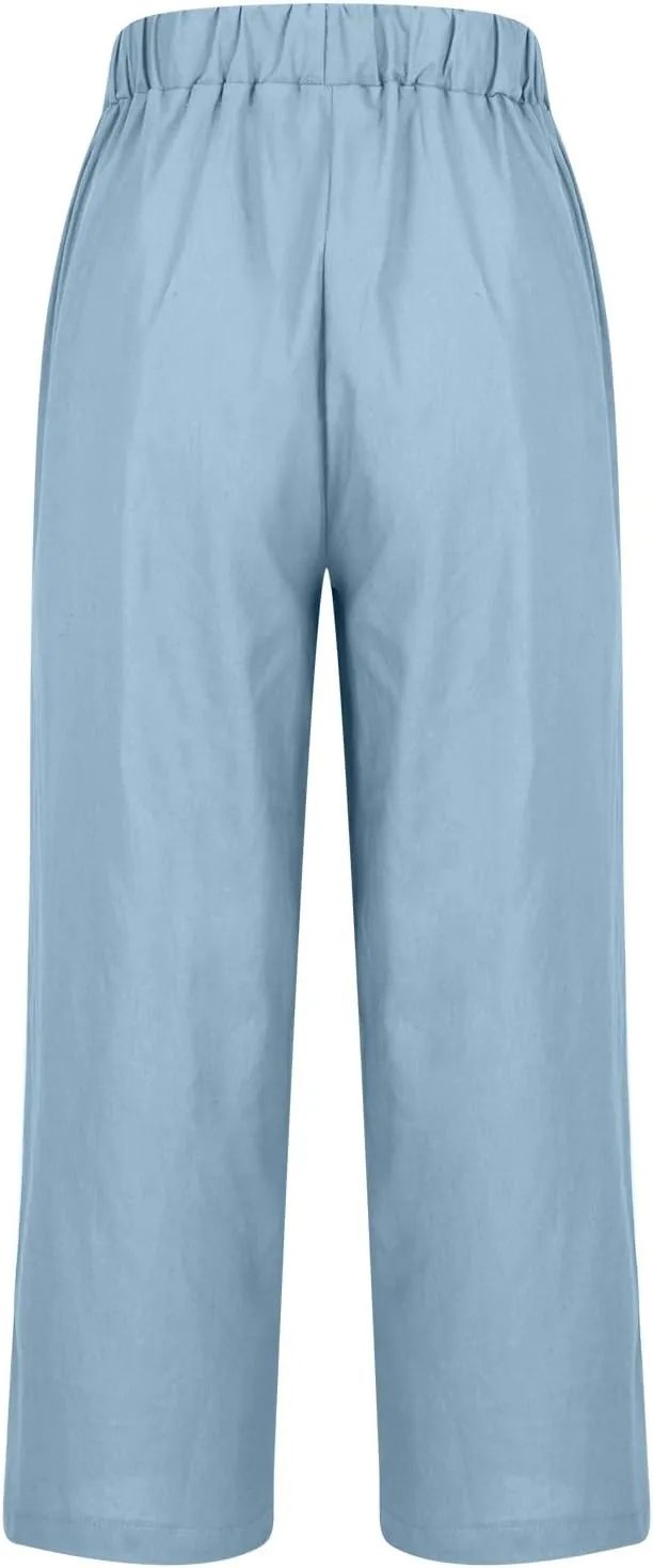 Women's Lightweight Summer Linen Pants Solid Elastic Waist Cotton Straight Pants Casual Lounge Beach Trousers