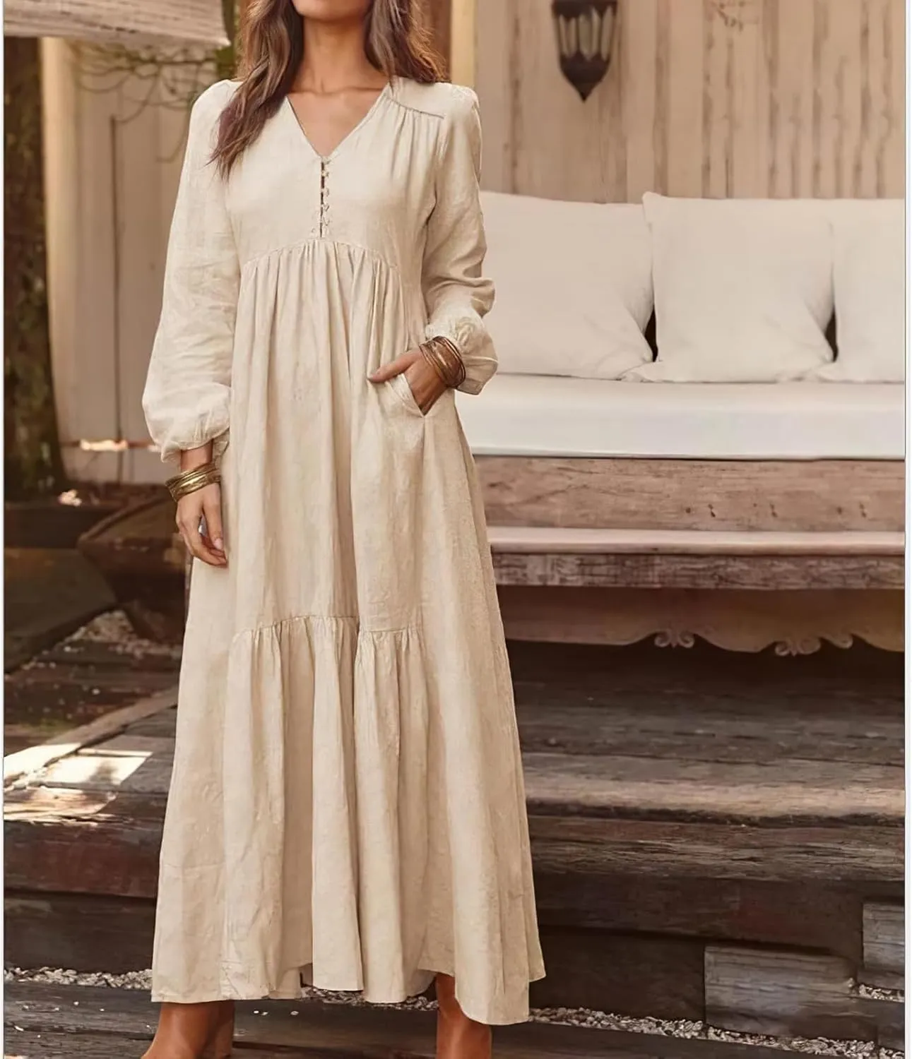 Womens Linen Dresses Casual Loose Button V Neck Pleated Dress Trendy Ruffle Tiered Long Sleeve Maxi Dress