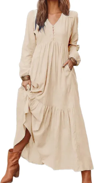Womens Linen Dresses Casual Loose Button V Neck Pleated Dress Trendy Ruffle Tiered Long Sleeve Maxi Dress