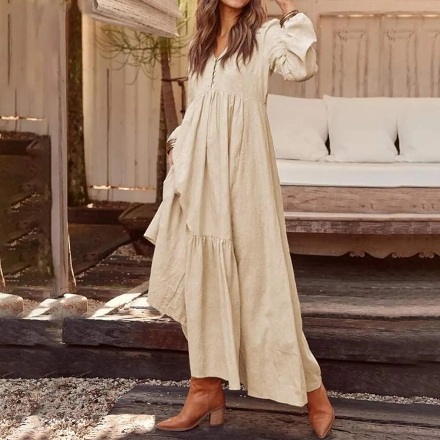 Womens Linen Dresses Casual Loose Button V Neck Pleated Dress Trendy Ruffle Tiered Long Sleeve Maxi Dress