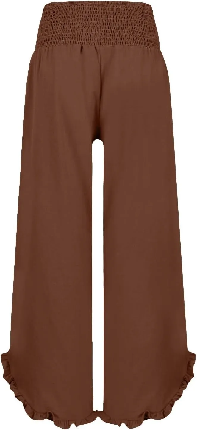 Womens Linen Pants 2025 Summer Wide Leg Elastic High Waist Pants with Pocket Flowy Casual Vocation Beach Trousers