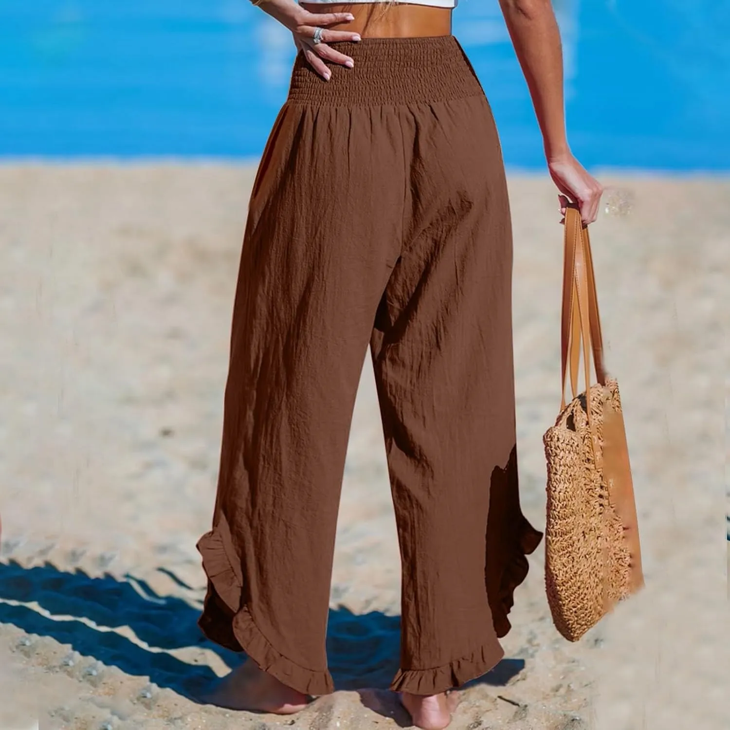 Womens Linen Pants 2025 Summer Wide Leg Elastic High Waist Pants with Pocket Flowy Casual Vocation Beach Trousers