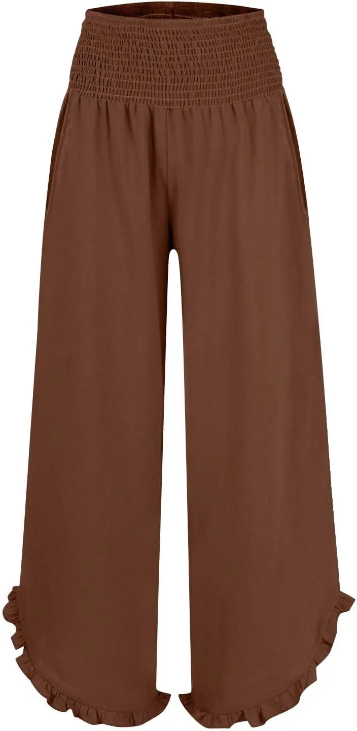 Womens Linen Pants 2025 Summer Wide Leg Elastic High Waist Pants with Pocket Flowy Casual Vocation Beach Trousers