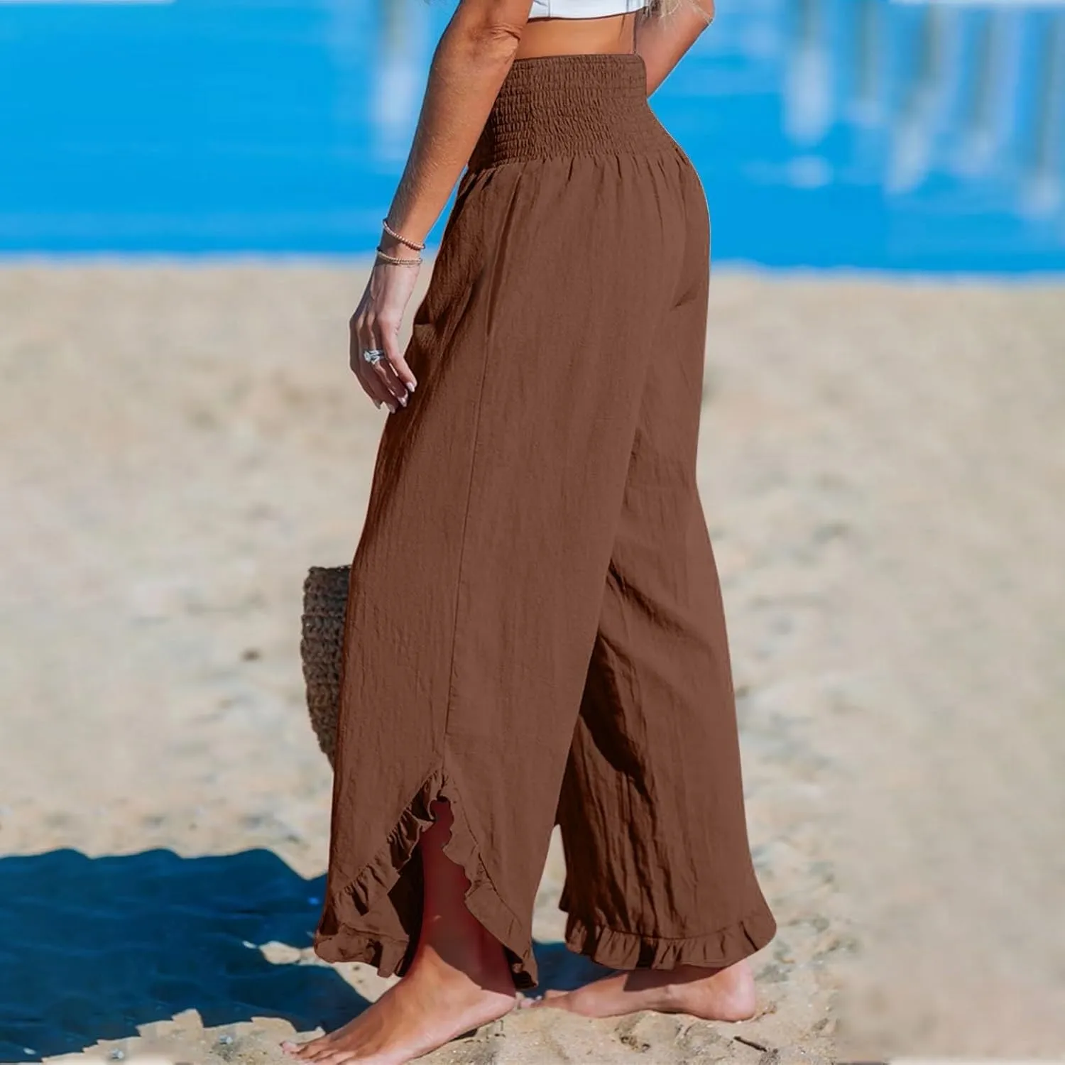 Womens Linen Pants 2025 Summer Wide Leg Elastic High Waist Pants with Pocket Flowy Casual Vocation Beach Trousers