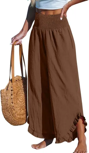 Womens Linen Pants 2025 Summer Wide Leg Elastic High Waist Pants with Pocket Flowy Casual Vocation Beach Trousers