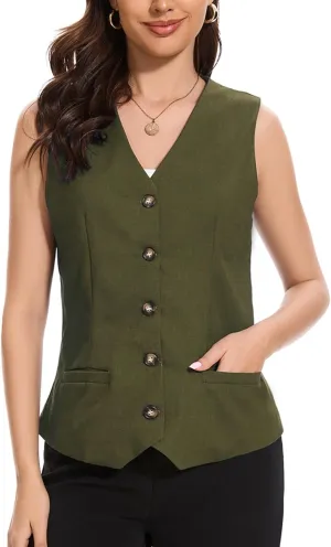Womens Linen Vest Lightweight V Neck Pocket 2025 Work Casual Button Cropped Sleeveless Jacket Summer Vests Waistcoat