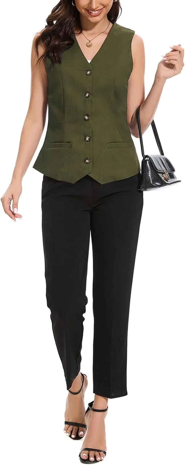 Womens Linen Vest Lightweight V Neck Pocket 2025 Work Casual Button Cropped Sleeveless Jacket Summer Vests Waistcoat