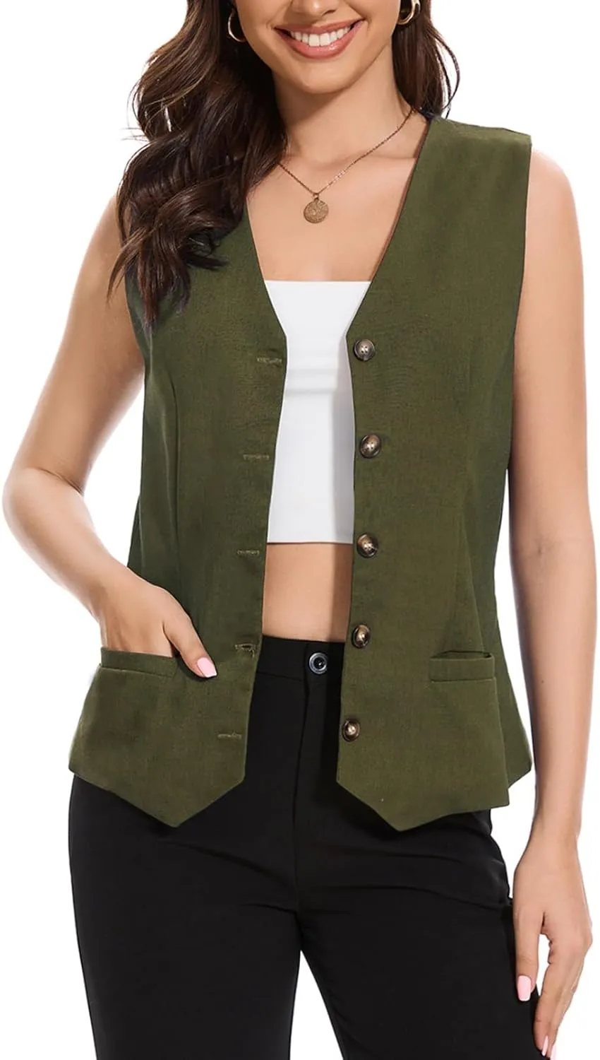 Womens Linen Vest Lightweight V Neck Pocket 2025 Work Casual Button Cropped Sleeveless Jacket Summer Vests Waistcoat