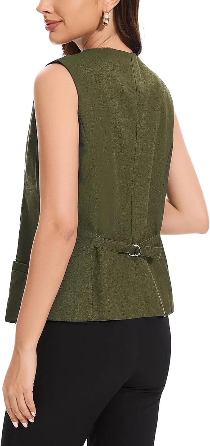 Womens Linen Vest Lightweight V Neck Pocket 2025 Work Casual Button Cropped Sleeveless Jacket Summer Vests Waistcoat