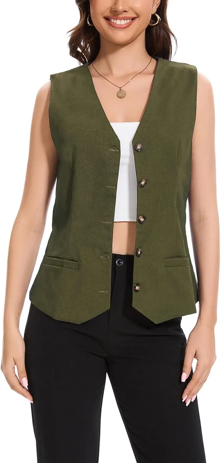 Womens Linen Vest Lightweight V Neck Pocket 2025 Work Casual Button Cropped Sleeveless Jacket Summer Vests Waistcoat