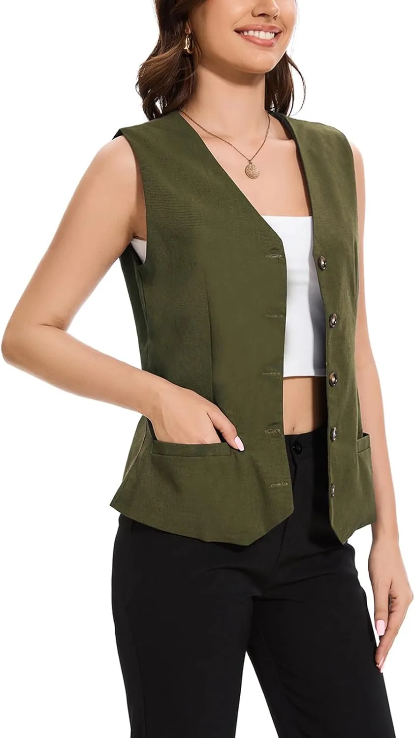 Womens Linen Vest Lightweight V Neck Pocket 2025 Work Casual Button Cropped Sleeveless Jacket Summer Vests Waistcoat