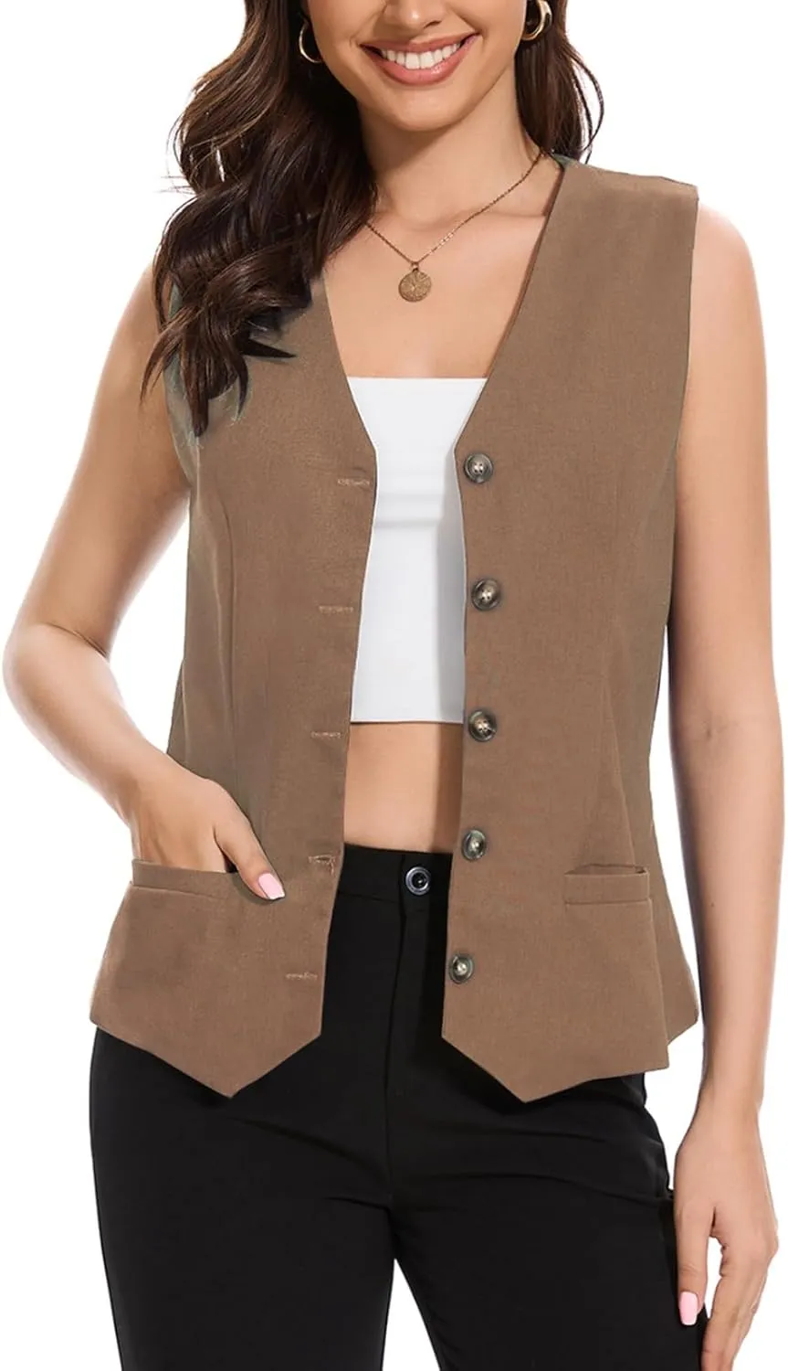 Womens Linen Vest Waistcoat Lightweight V Neck 2025 Work Button Sleeveless Jacket Cotton Summer Vest Tops