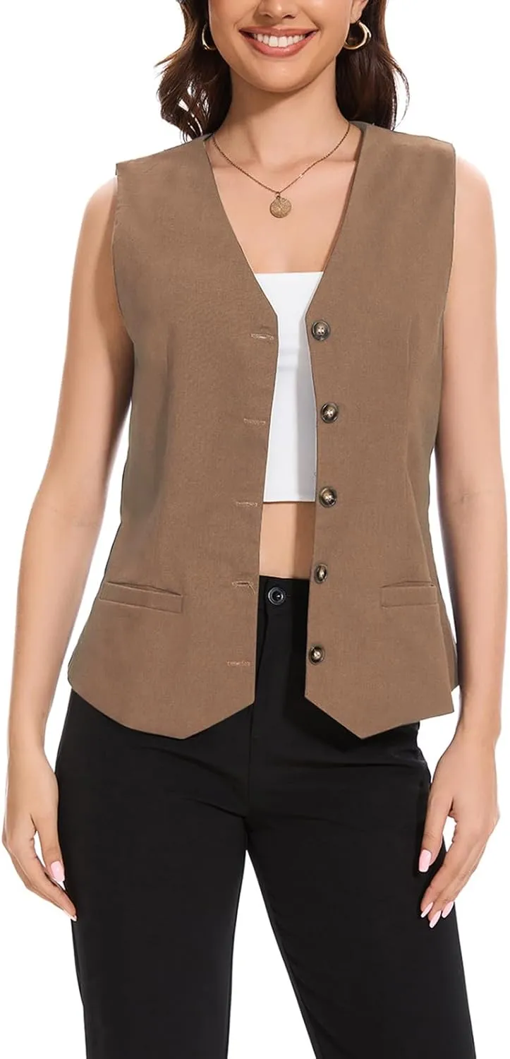Womens Linen Vest Waistcoat Lightweight V Neck 2025 Work Button Sleeveless Jacket Cotton Summer Vest Tops