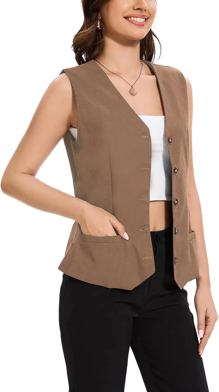 Womens Linen Vest Waistcoat Lightweight V Neck 2025 Work Button Sleeveless Jacket Cotton Summer Vest Tops