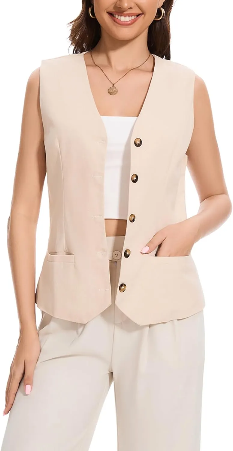 Womens Linen Vest Waistcoat Lightweight V Neck 2025 Work Button Sleeveless Jacket Cotton Summer Vest Tops