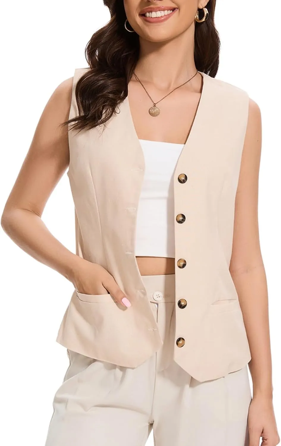 Womens Linen Vest Waistcoat Lightweight V Neck 2025 Work Button Sleeveless Jacket Cotton Summer Vest Tops