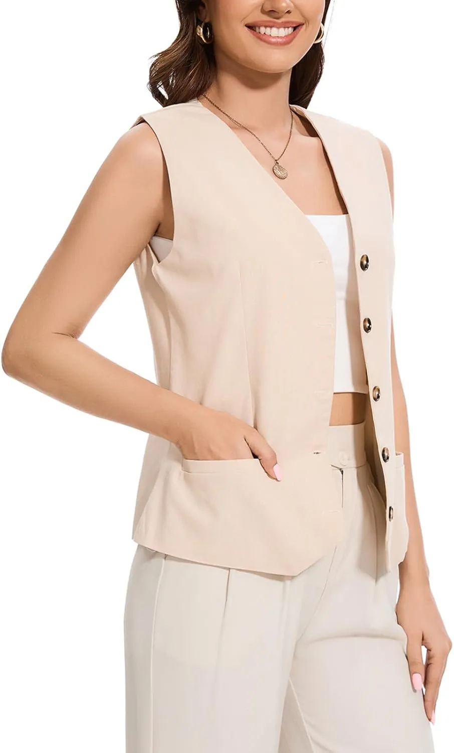 Womens Linen Vest Waistcoat Lightweight V Neck 2025 Work Button Sleeveless Jacket Cotton Summer Vest Tops