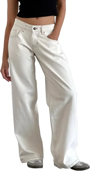 Women's Low Rise Baggy Jeans Boyfriend Y2K E-Girls Straight Wide Leg Denim Jeans Casual Loose Pants