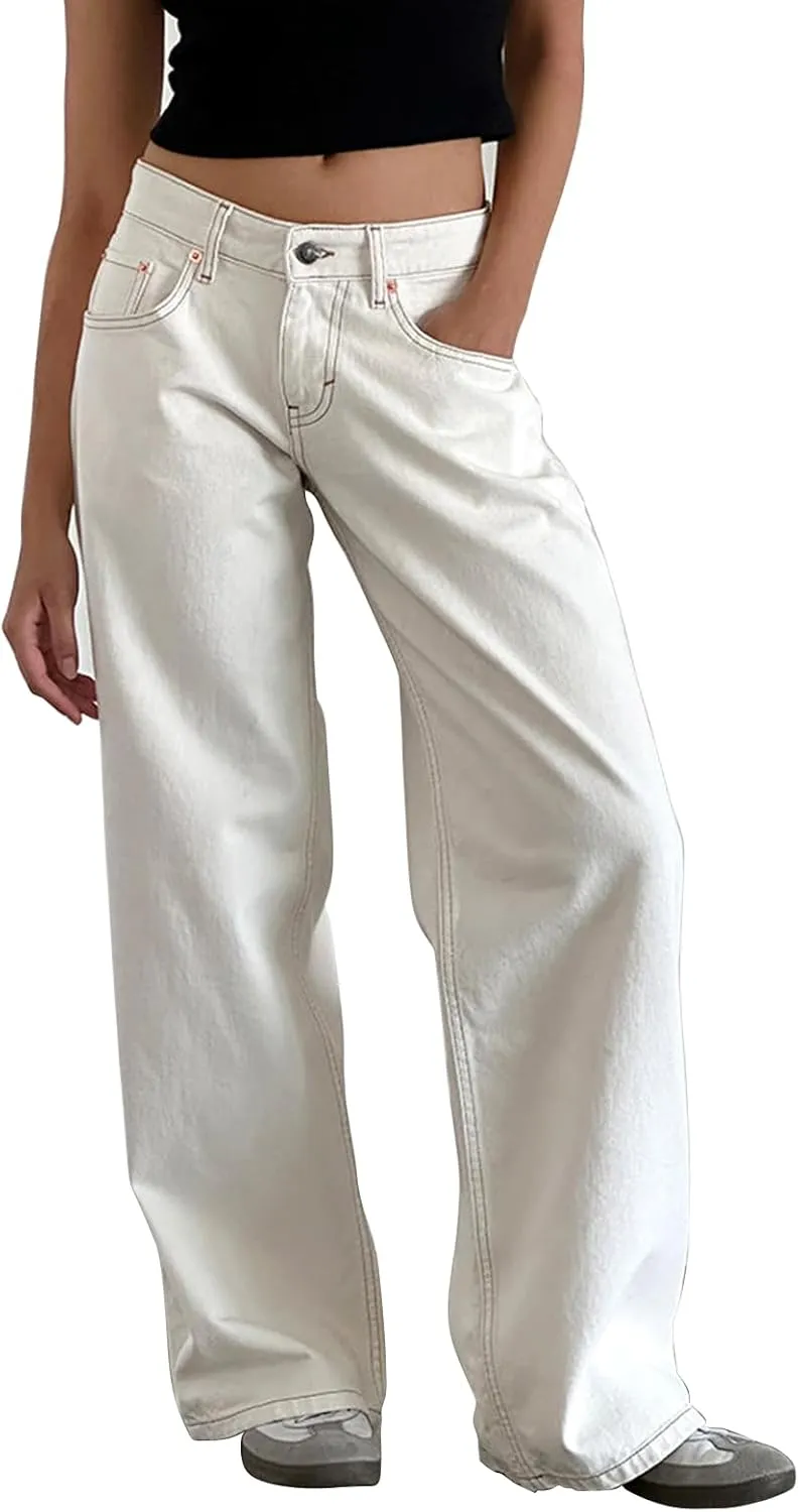 Women's Low Rise Baggy Jeans Boyfriend Y2K E-Girls Straight Wide Leg Denim Jeans Casual Loose Pants