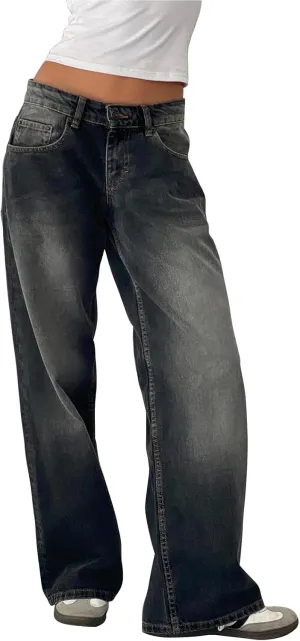 Women's Low Rise Baggy Jeans Boyfriend Y2K E-Girls Straight Wide Leg Denim Jeans Casual Loose Pants
