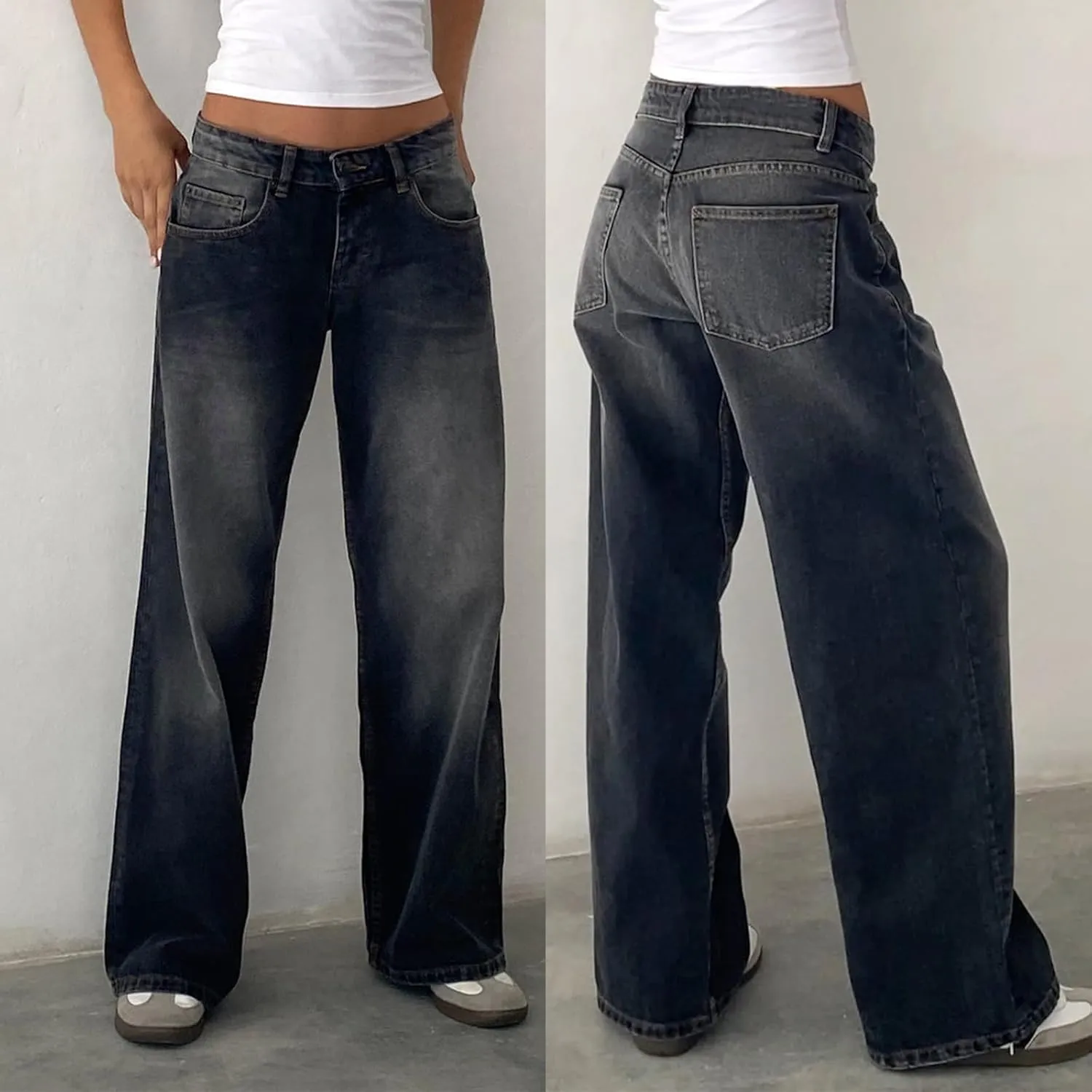 Women's Low Rise Baggy Jeans Boyfriend Y2K E-Girls Straight Wide Leg Denim Jeans Casual Loose Pants