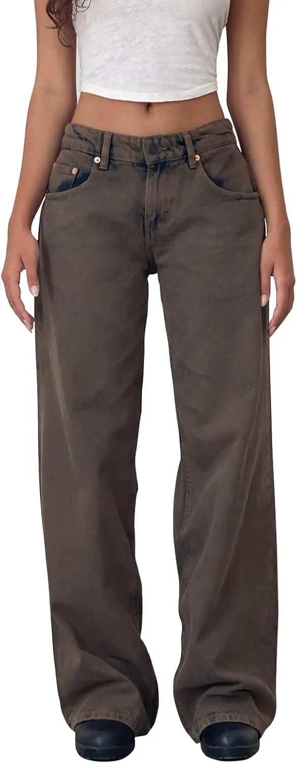 Women's Low Rise Baggy Jeans Boyfriend Y2K E-Girls Straight Wide Leg Denim Jeans Casual Loose Pants