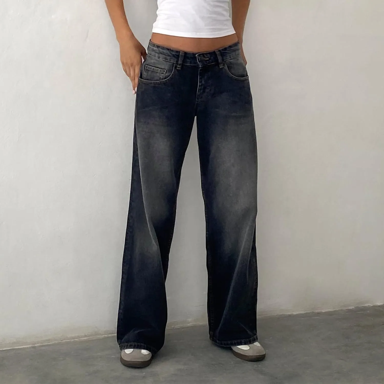 Women's Low Rise Baggy Jeans Boyfriend Y2K E-Girls Straight Wide Leg Denim Jeans Casual Loose Pants