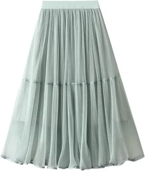 Women's Mesh Tulle Fairy Skirt Elegant Trendy High Waisted A Line Pleated Layered Midi Skirt